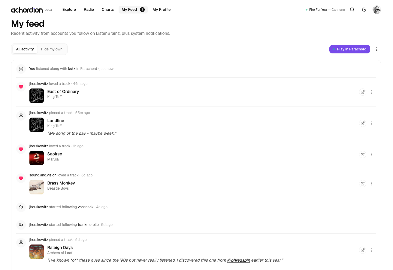 Achordion's My Feed view: synthetic "You listened along with kutx in Parachord" event at the top, followed by loves, pins (one with an @mention rendered as a clickable handle), and follow events from accounts the viewer follows on ListenBrainz.