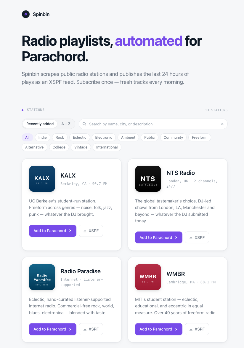 Spinbin directory — hero, sort/filter controls, and station cards